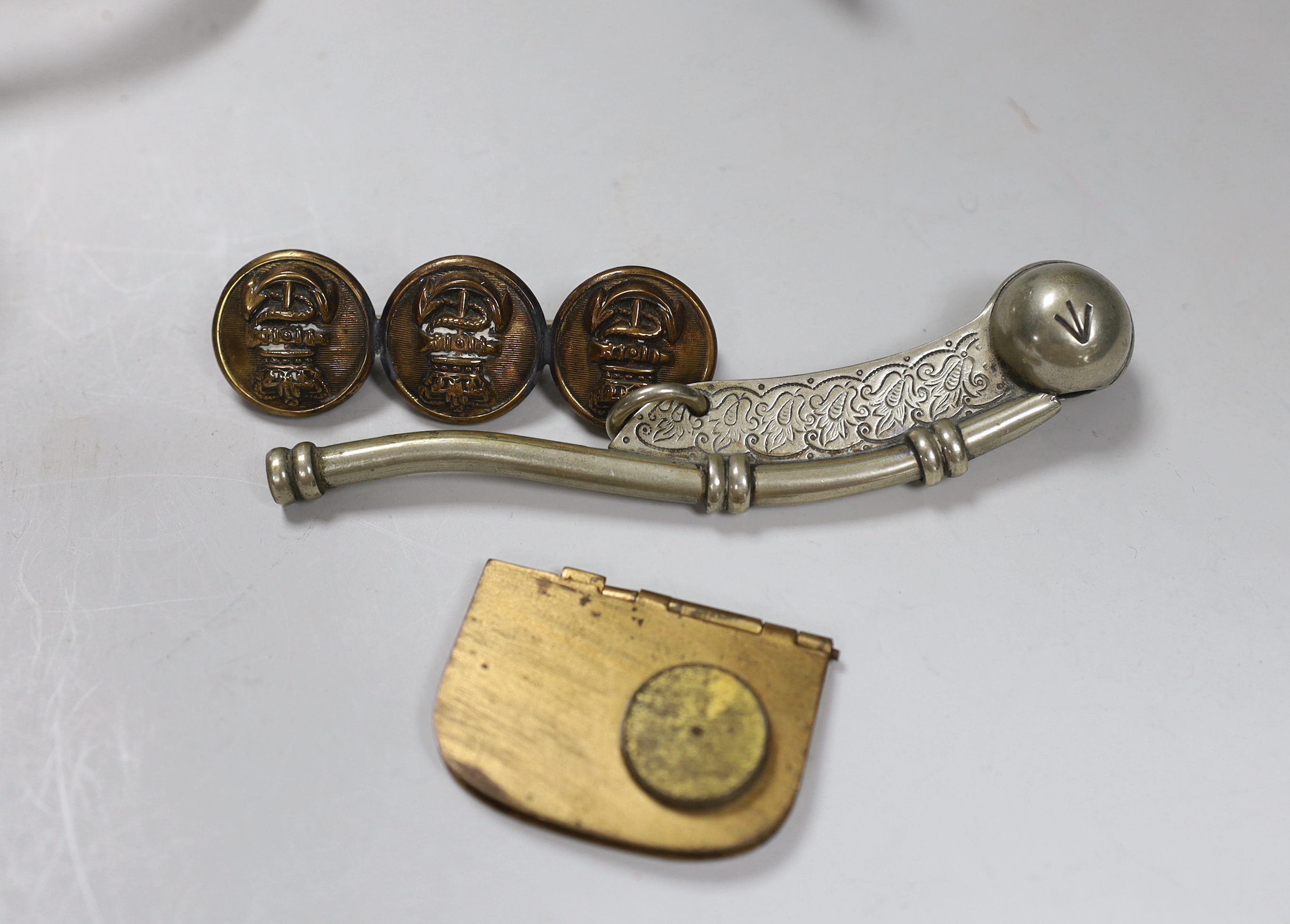 A collection of assorted collectables including a bosuns whistle, a J Baum & Co travelling sun dial/compass, small silver etc.
